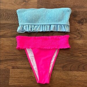 Blue and Pink Ruffled Bikini Set